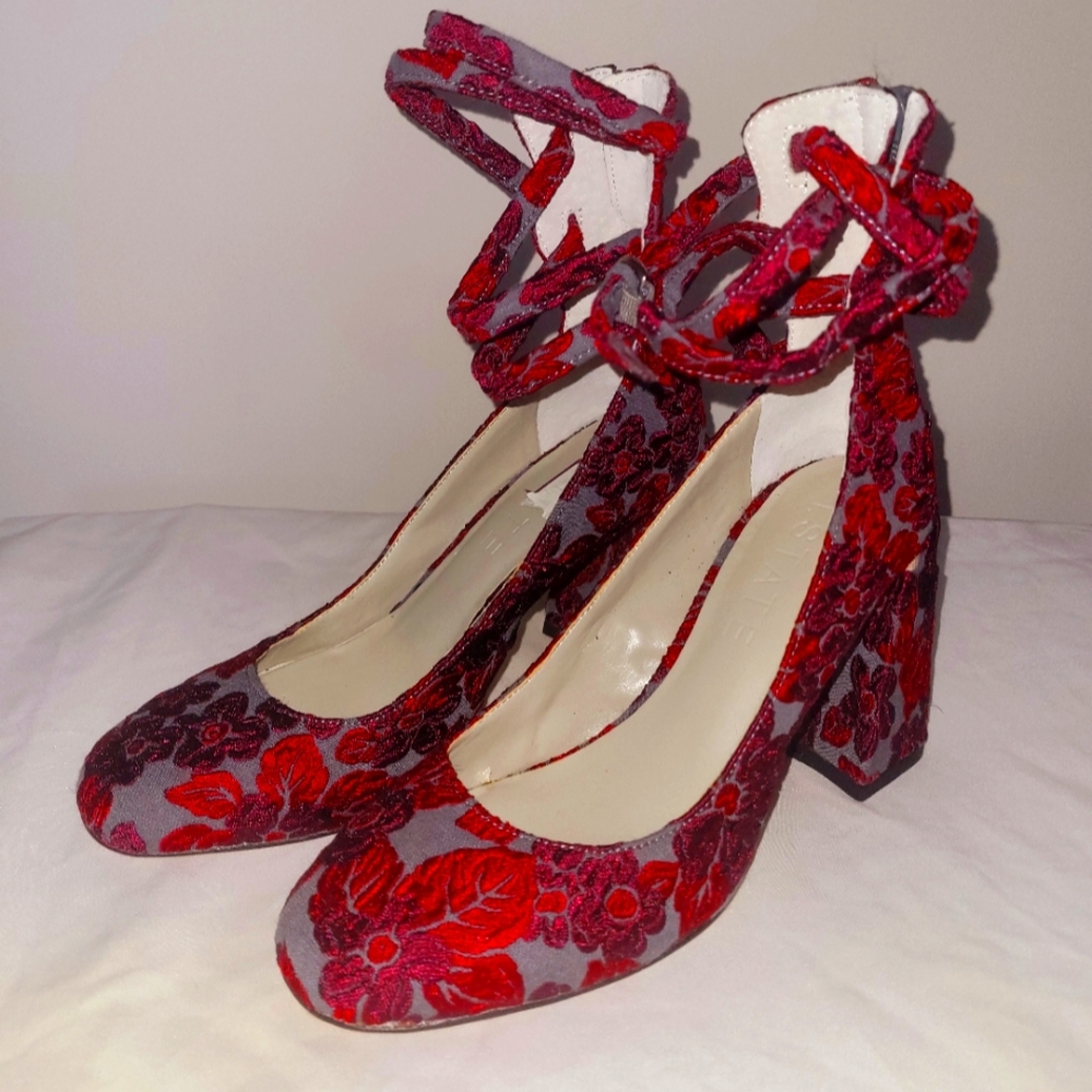 Red Floral Tapestry Heels